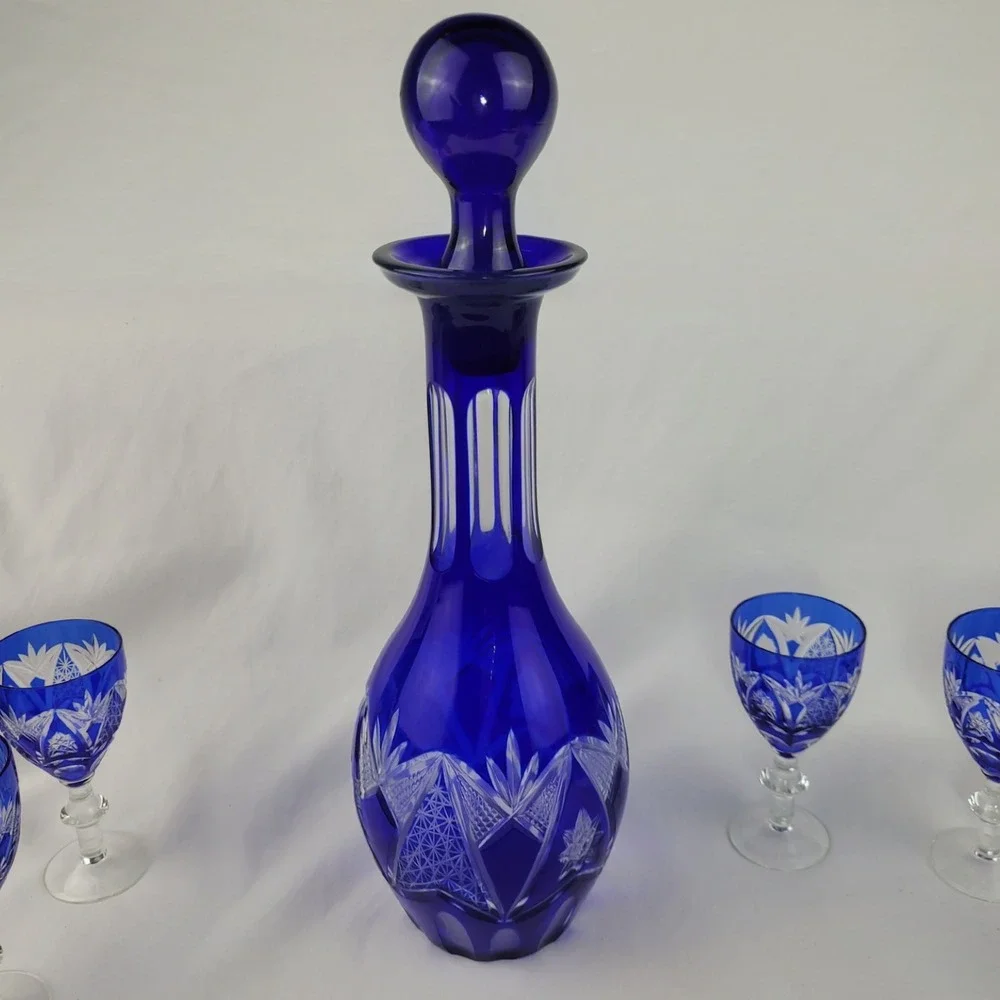 Vintage Bohemian Cobalt Blue Cut to Clear Crystal Decanter 5 Cordial Glasses Set